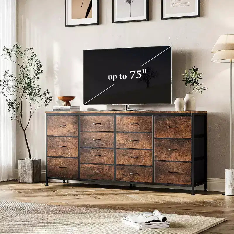 Meuble TV Acekool 14 tiroirs avec prise de courant, meuble TV en tissu de 160 cm pour téléviseurs de 65 à 75 pouces, rangement pour chambre et salon