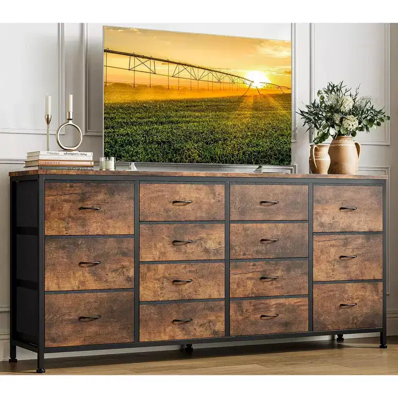 Meuble TV Acekool 14 tiroirs avec prise de courant, meuble TV en tissu de 160 cm pour téléviseurs de 65 à 75 pouces, rangement pour chambre et salon