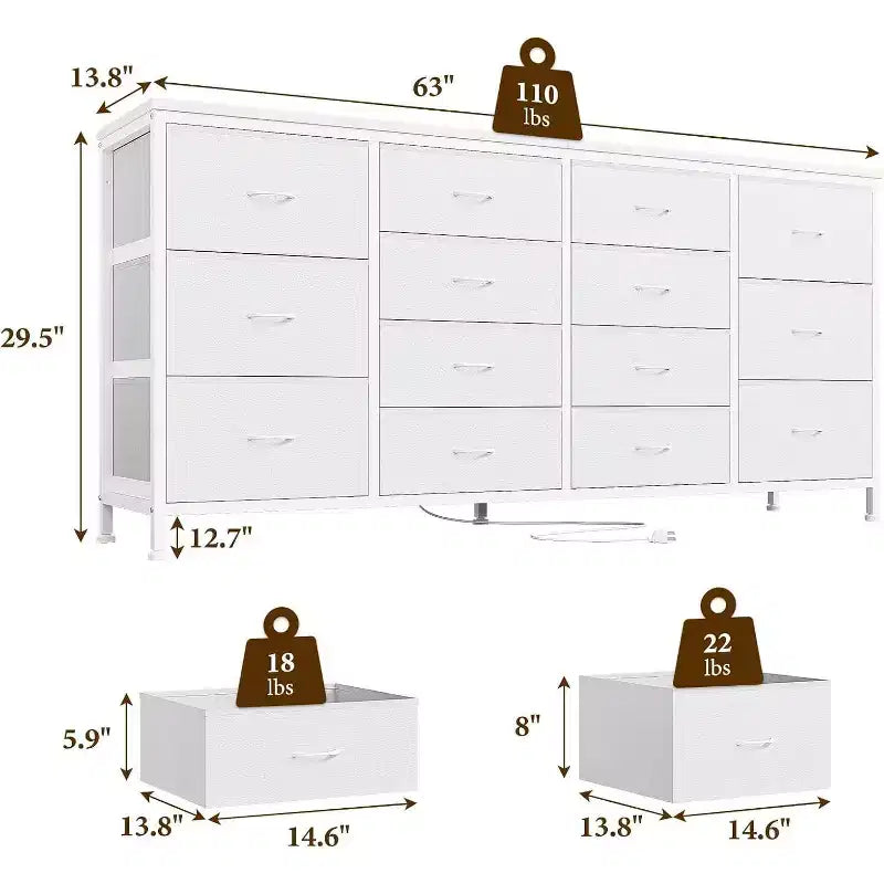Meuble TV Acekool 14 tiroirs avec prise de courant, meuble TV en tissu de 160 cm pour téléviseurs de 65 à 75 pouces, rangement pour chambre et salon