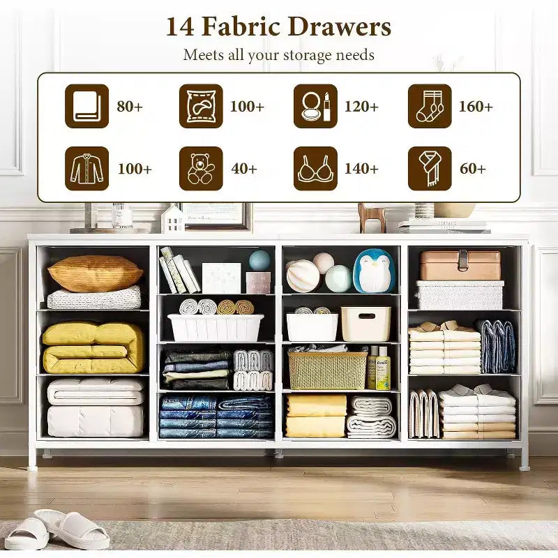 Meuble TV Acekool 14 tiroirs avec prise de courant, meuble TV en tissu de 160 cm pour téléviseurs de 65 à 75 pouces, rangement pour chambre et salon