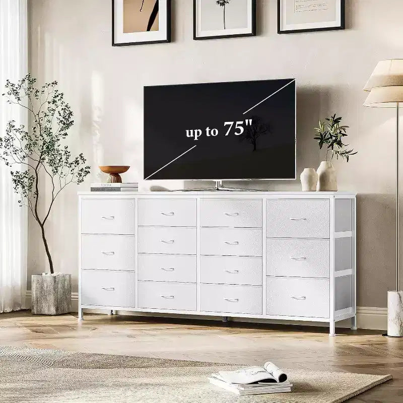 Meuble TV Acekool 14 tiroirs avec prise de courant, meuble TV en tissu de 160 cm pour téléviseurs de 65 à 75 pouces, rangement pour chambre et salon