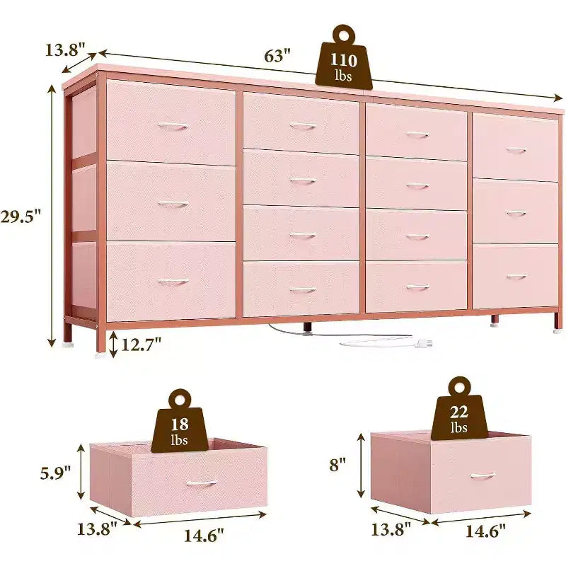 Meuble TV Acekool 14 tiroirs avec prise de courant, meuble TV en tissu de 160 cm pour téléviseurs de 65 à 75 pouces, rangement pour chambre et salon