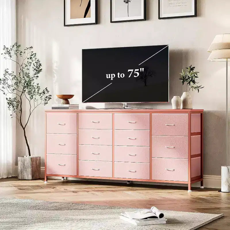 Meuble TV Acekool 14 tiroirs avec prise de courant, meuble TV en tissu de 160 cm pour téléviseurs de 65 à 75 pouces, rangement pour chambre et salon