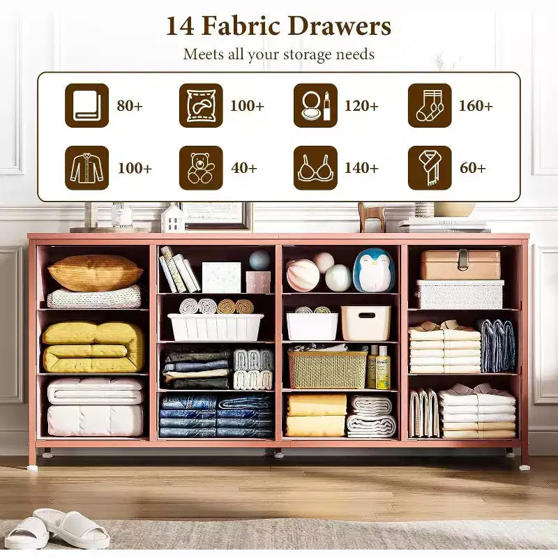 Meuble TV Acekool 14 tiroirs avec prise de courant, meuble TV en tissu de 160 cm pour téléviseurs de 65 à 75 pouces, rangement pour chambre et salon