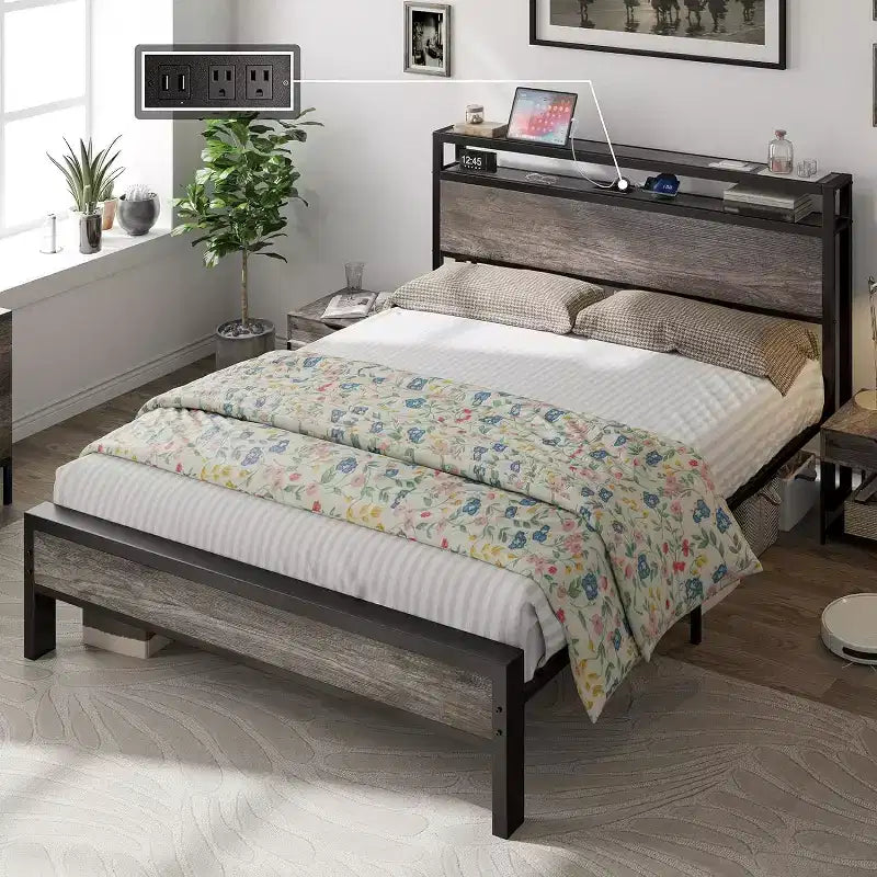 Cadre de lit plateforme AMERLIFE avec tête de lit de rangement et station de charge, silencieux