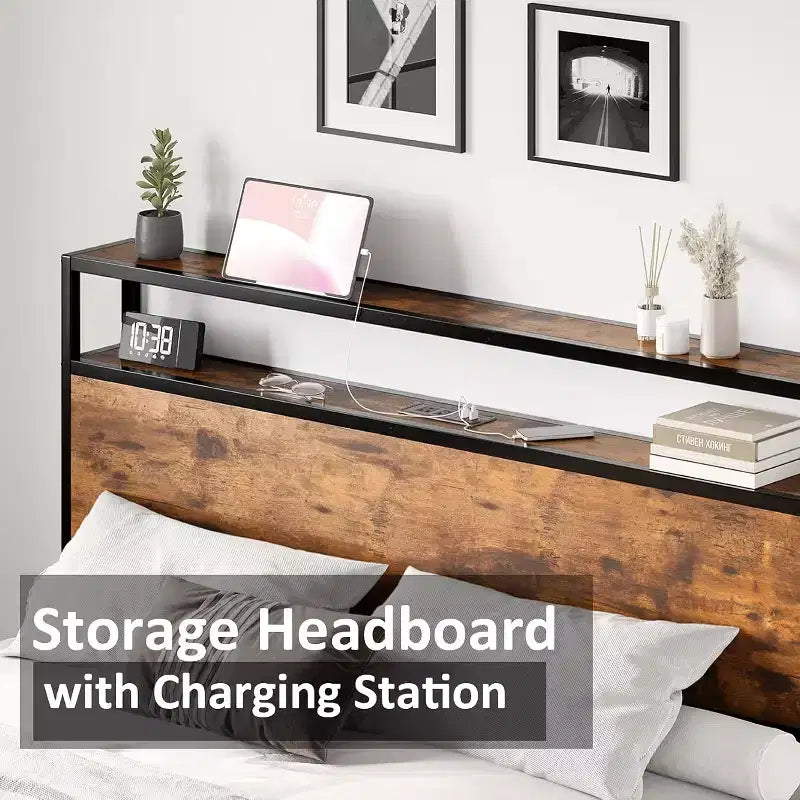 Cadre de lit plateforme AMERLIFE avec tête de lit de rangement et station de charge, silencieux