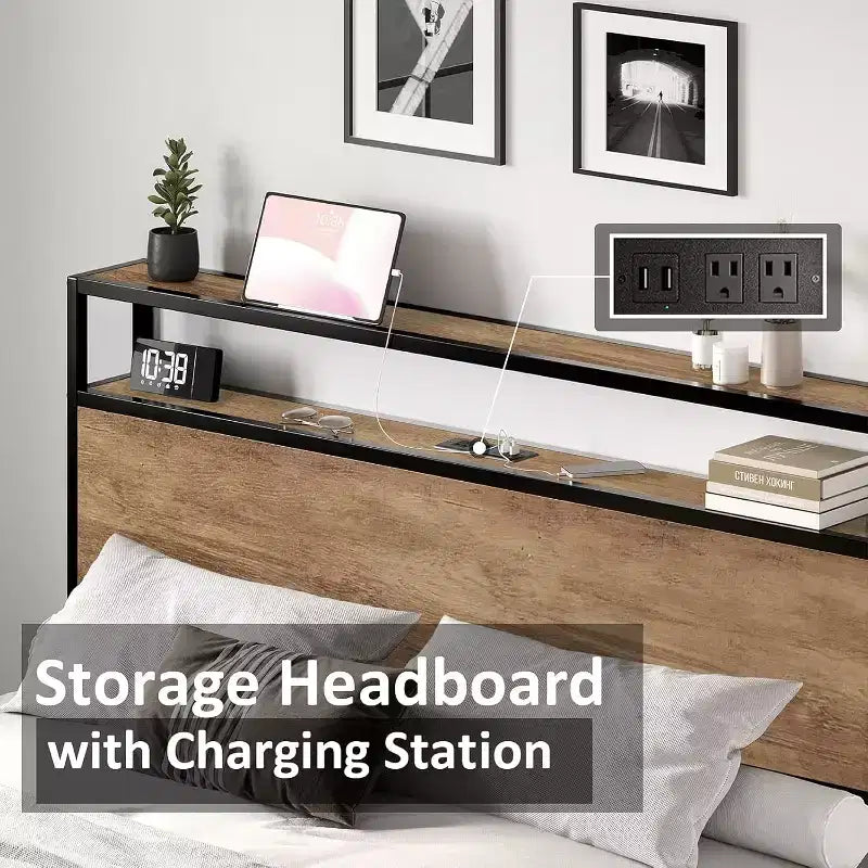 Cadre de lit plateforme AMERLIFE avec tête de lit de rangement et station de charge, silencieux