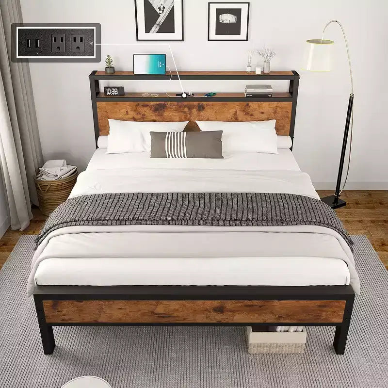 AMERLIFE Platform Bed Frame with Charging Station Storage Headboard, Noise-Free
