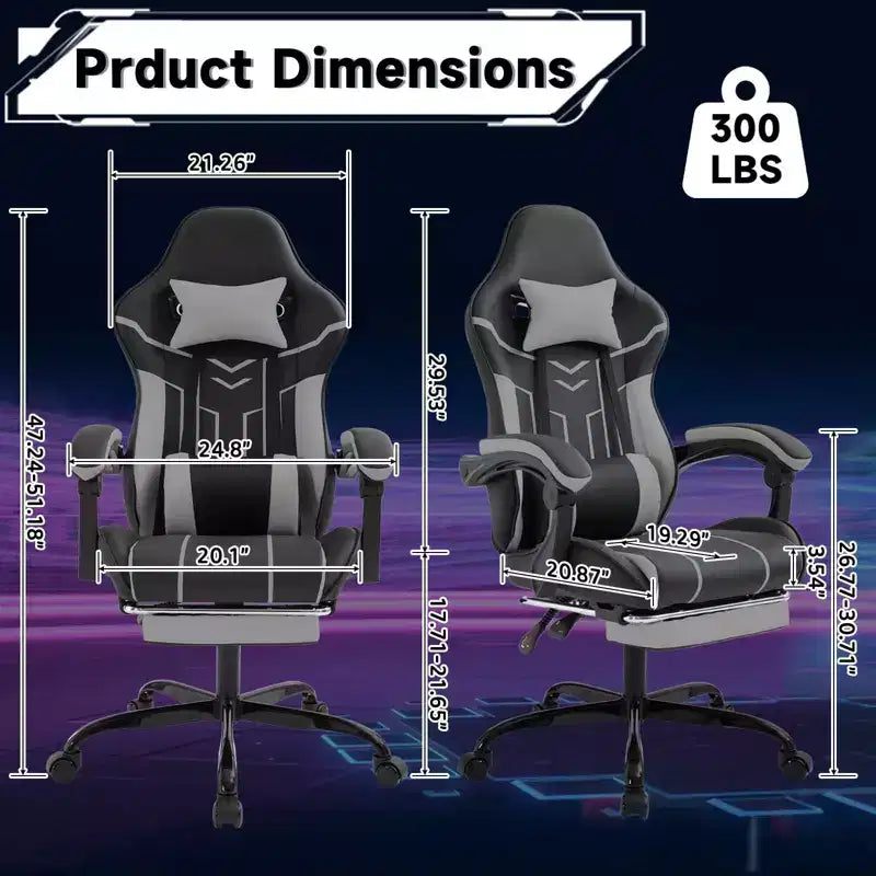 Chaise de jeu MAYEERTY, chaise d'ordinateur, chaise ergonomique avec repose-pieds et soutien lombaire pour salon, noir-gris