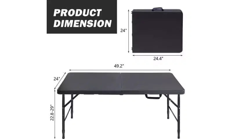 Table pliante de 125 cm, capacité de 136 kg, imperméable, facile à nettoyer, cadre en métal, avec poignée, idéale pour l'intérieur/extérieur, le camping, le pique-nique, les fêtes, les barbecues, noire