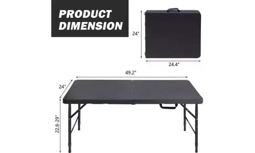 Table pliante de 125 cm, capacité de 136 kg, imperméable, facile à nettoyer, cadre en métal, avec poignée, idéale pour l'intérieur/extérieur, le camping, le pique-nique, les fêtes, les barbecues, noire