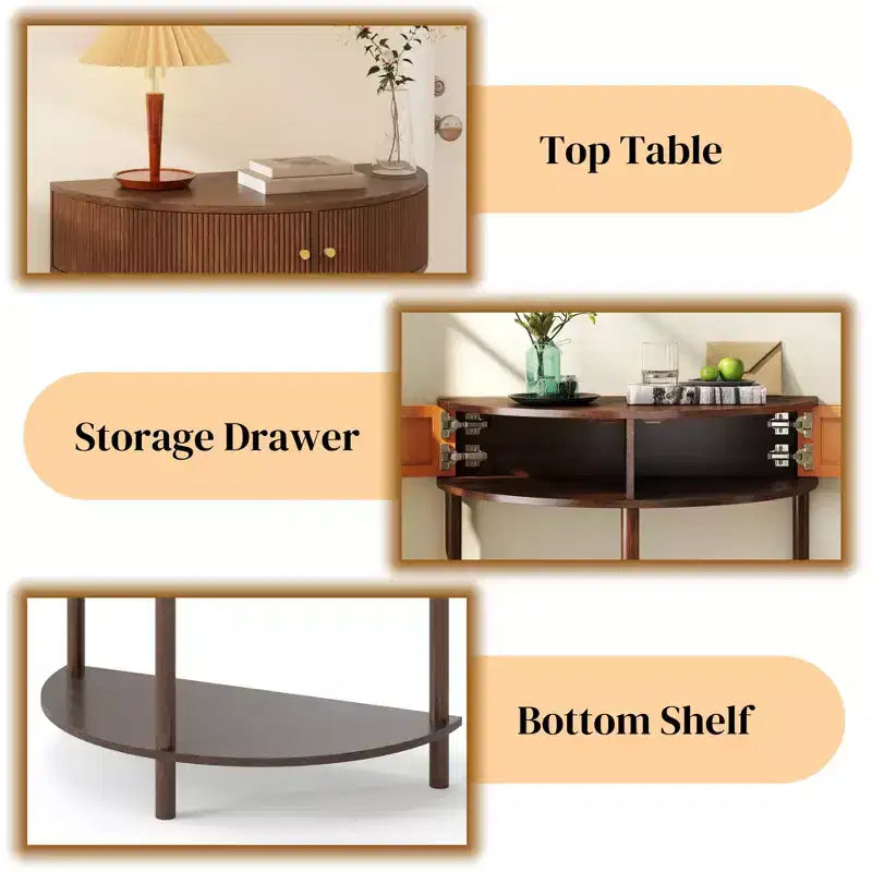 TUYOHW Table console demi-lune motif vague, table d'entrée avec 2 tiroirs, table de canapé en bois avec étagère inférieure pour salon, couloir, chambre
