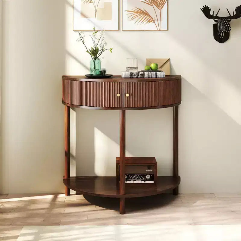 TUYOHW Wave-Pattern Half Moon Console Table,Entryway Table with 2 Drawers,Wood Sofa Table with Bottom Shelf for Living Room,Hallway,Bedroom