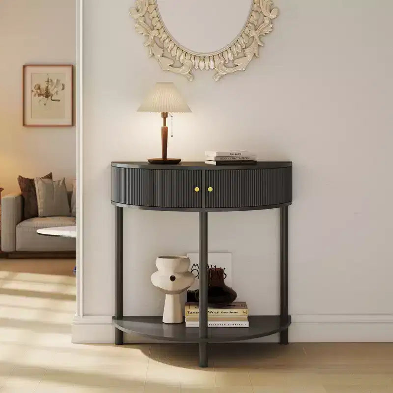 TUYOHW Table console demi-lune motif vague, table d'entrée avec 2 tiroirs, table de canapé en bois avec étagère inférieure pour salon, couloir, chambre