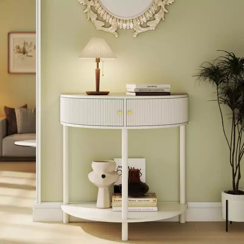 TUYOHW Table console demi-lune motif vague, table d'entrée avec 2 tiroirs, table de canapé en bois avec étagère inférieure pour salon, couloir, chambre