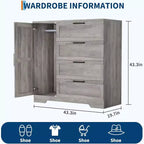 Armoire de rangement en bois avec 4 tiroirs et porte, armoire de chambre à coucher de 110 cm de haut avec tringle, armoires de rangement pour vêtements