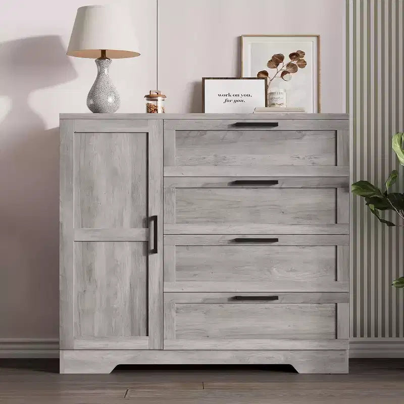 Armoire de rangement en bois avec 4 tiroirs et porte, armoire de chambre à coucher de 110 cm de haut avec tringle, armoires de rangement pour vêtements