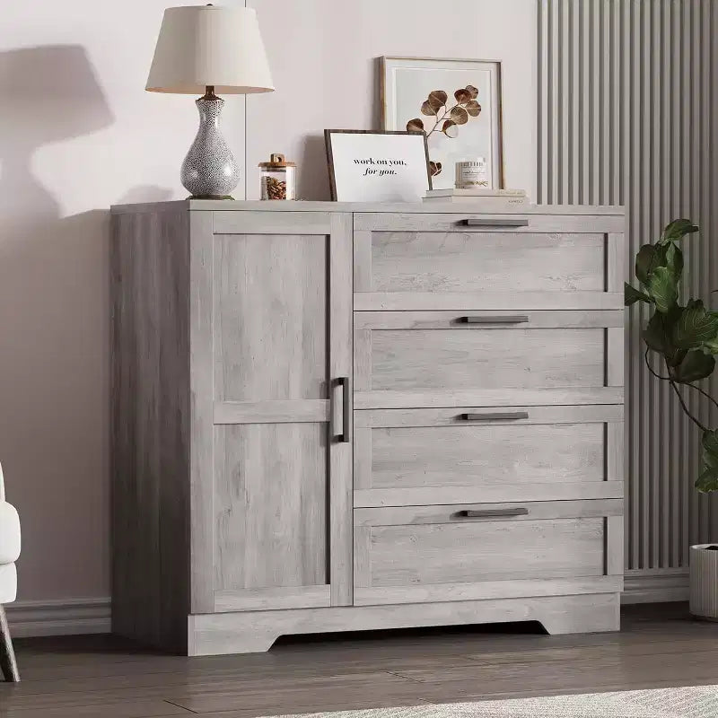 Armoire de rangement en bois avec 4 tiroirs et porte, armoire de chambre à coucher de 110 cm de haut avec tringle, armoires de rangement pour vêtements