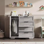 Armoire de rangement en bois avec 4 tiroirs et porte, armoire de chambre à coucher de 110 cm de haut avec tringle, armoires de rangement pour vêtements