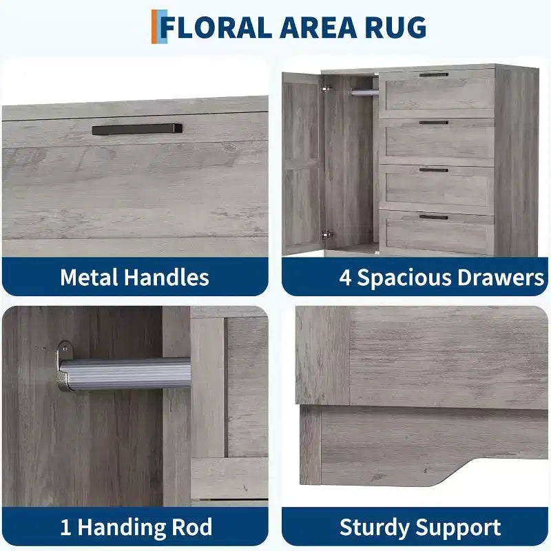 Armoire de rangement en bois avec 4 tiroirs et porte, armoire de chambre à coucher de 110 cm de haut avec tringle, armoires de rangement pour vêtements