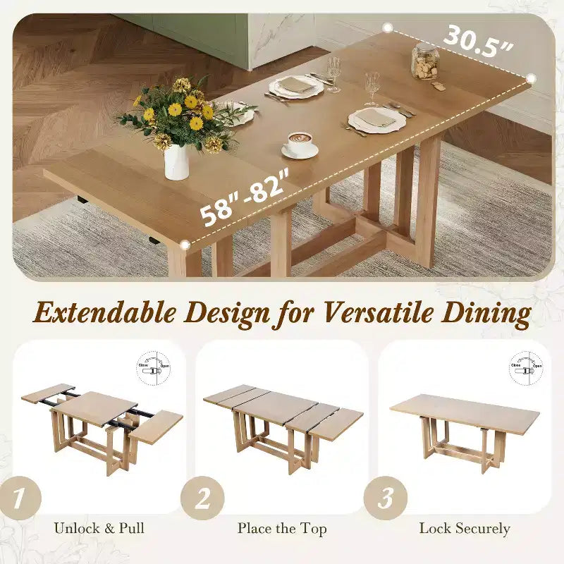 GDFStudio Ebony 82 Table à manger extensible en bois d'hévéa avec deux rallonges amovibles de 12 pouces et pieds en tréteaux