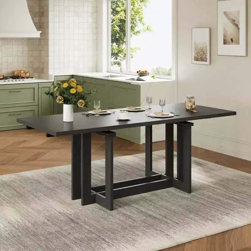 GDFStudio Ebony 82 Table à manger extensible en bois d'hévéa avec deux rallonges amovibles de 12 pouces et pieds en tréteaux