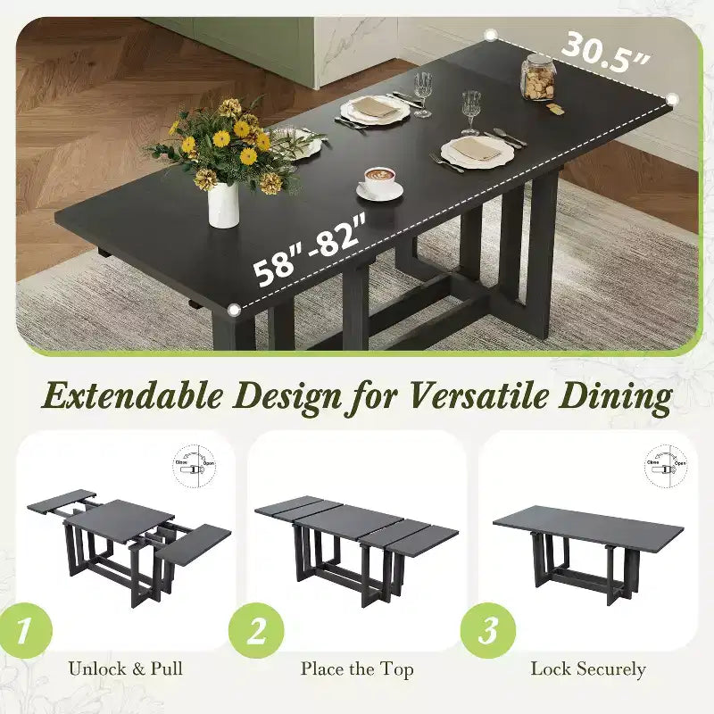 GDFStudio Ebony 82 Table à manger extensible en bois d'hévéa avec deux rallonges amovibles de 12 pouces et pieds en tréteaux