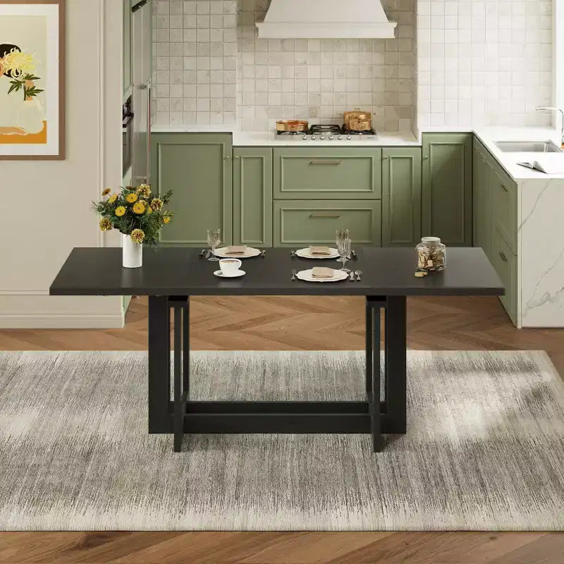 GDFStudio Ebony 82 Extendable Rubberwood Dining Table with Two 12'' Removable Leaves and Trestle Legs
