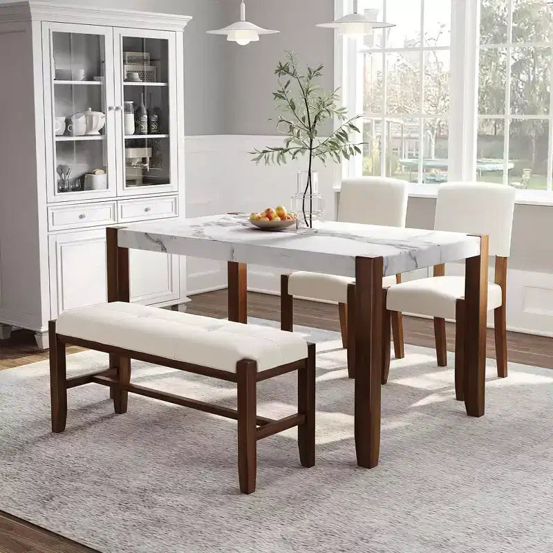 Ensemble de salle à manger moderne 4 pièces MAYEERTY, table en faux marbre de 117 cm, 2 chaises et un banc