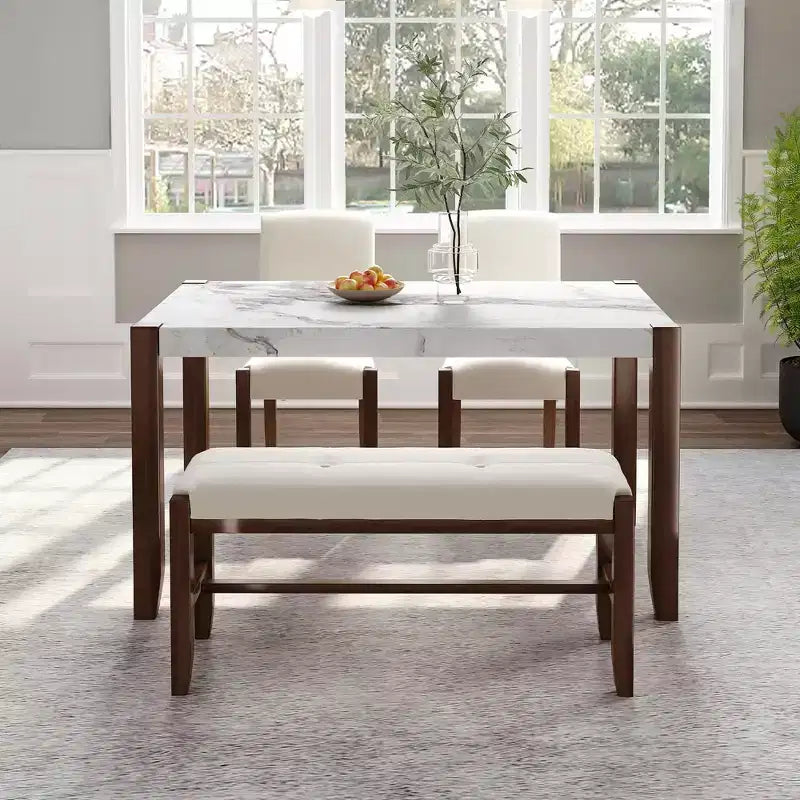 Ensemble de salle à manger moderne 4 pièces MAYEERTY, table en faux marbre de 117 cm, 2 chaises et un banc