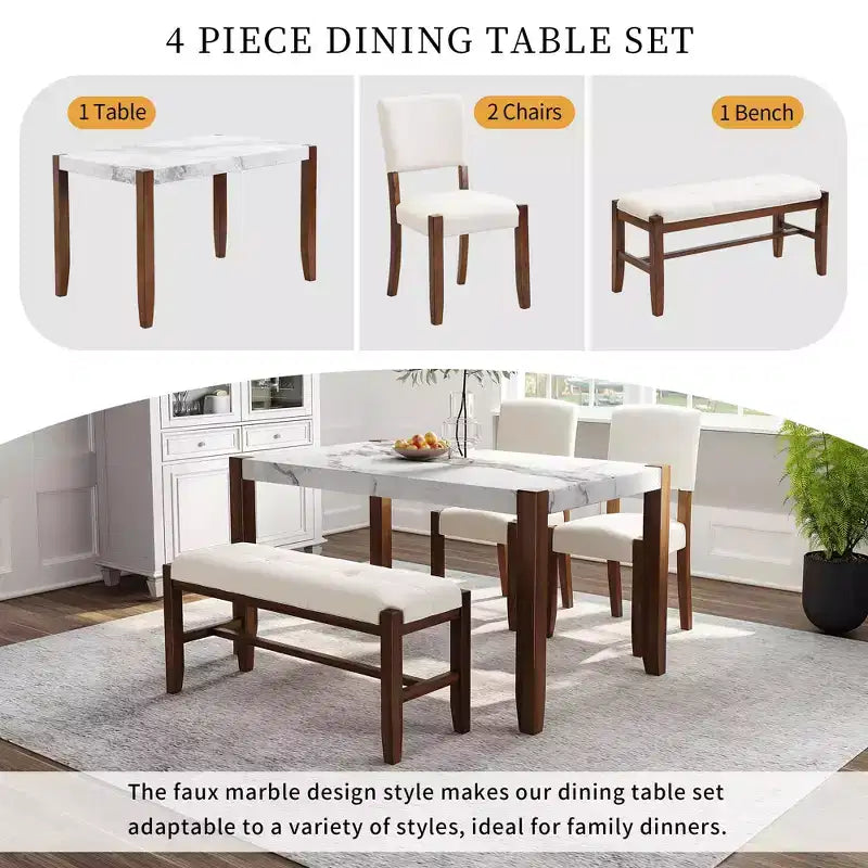 Ensemble de salle à manger moderne 4 pièces MAYEERTY, table en faux marbre de 117 cm, 2 chaises et un banc