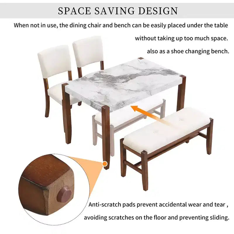 Ensemble de salle à manger moderne 4 pièces MAYEERTY, table en faux marbre de 117 cm, 2 chaises et un banc
