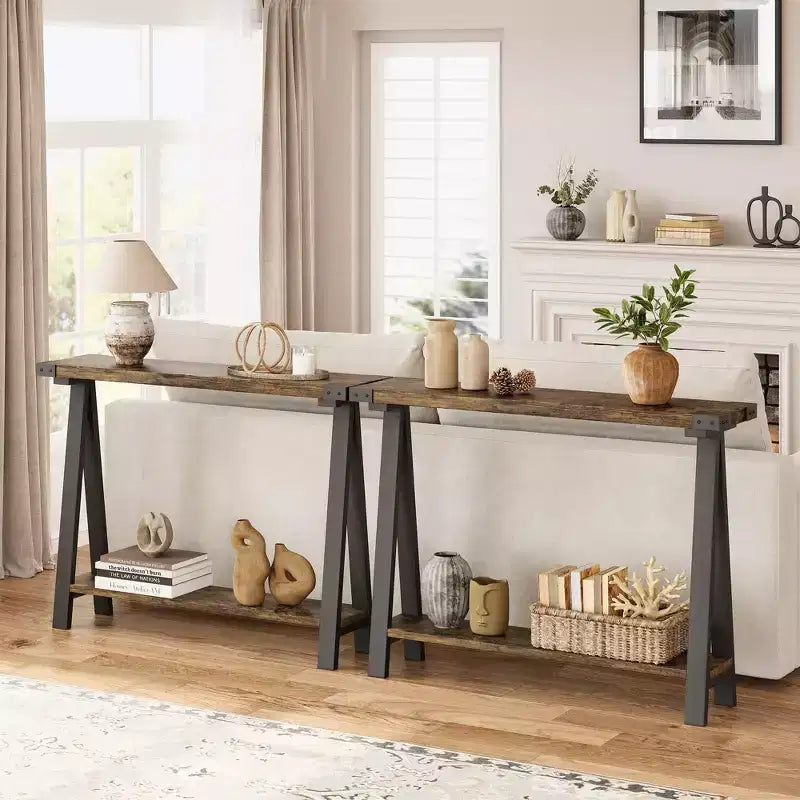 COZONY 43,3 Table console de ferme avec rangement, table de canapé étroite à 2 niveaux avec cadre en A