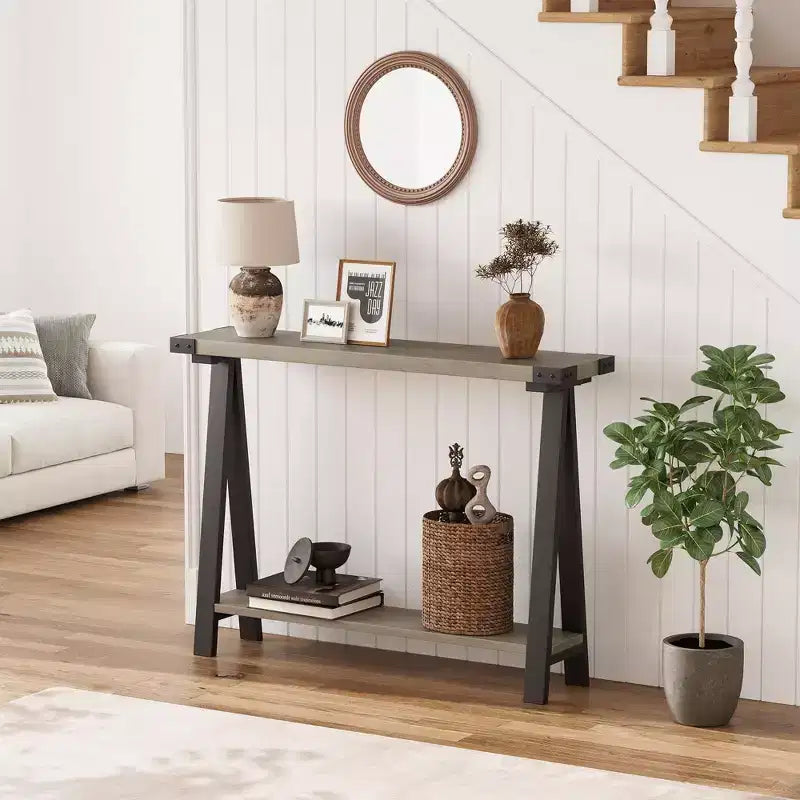 COZONY 43,3 Table console de ferme avec rangement, table de canapé étroite à 2 niveaux avec cadre en A