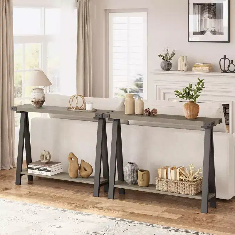 COZONY 43,3 Table console de ferme avec rangement, table de canapé étroite à 2 niveaux avec cadre en A