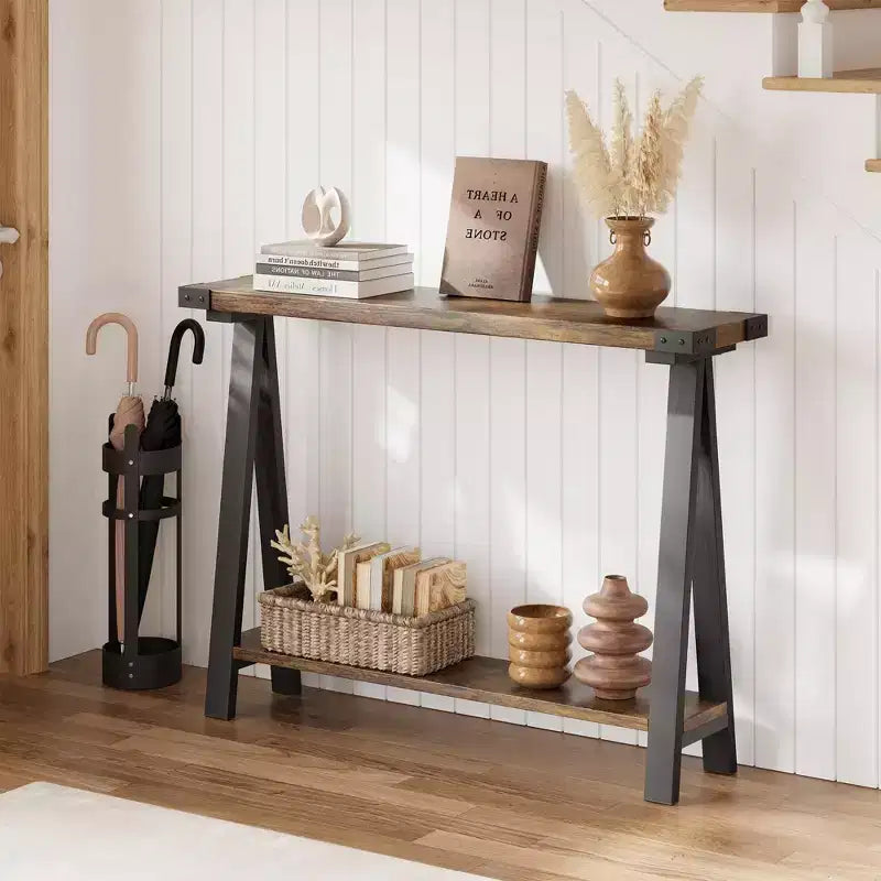 COZONY 43,3 Table console de ferme avec rangement, table de canapé étroite à 2 niveaux avec cadre en A