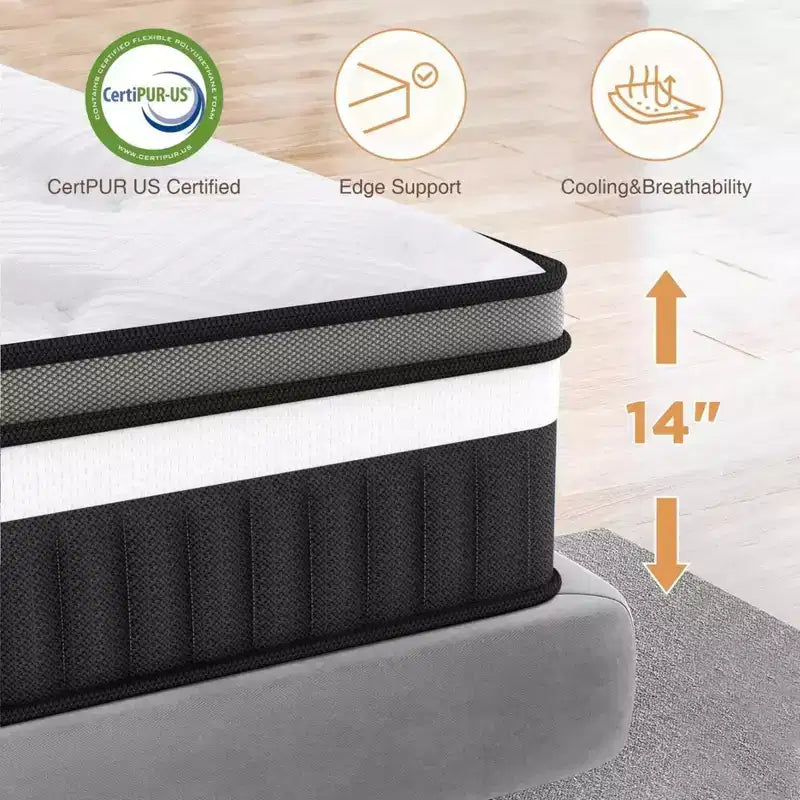 Matelas en mousse à mémoire de forme Gel Queen 14 pouces, fermeté moyenne, matelas pour soulagement de la pression et sommeil frais certifié CertiPUR-US