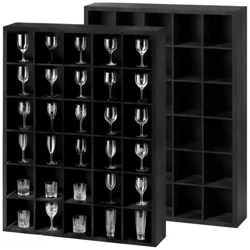 2 Pcs Shot Glass Display Case, Black Wooden Shot Glass Shelf with Removable Shelves, Wall Mounted Shadow Box Thimble Display Case, 30 Slots