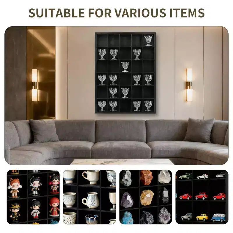 2 vitrines à verres à shot, étagère en bois noir avec étagères amovibles, vitrine murale pour dés à coudre, 30 emplacements