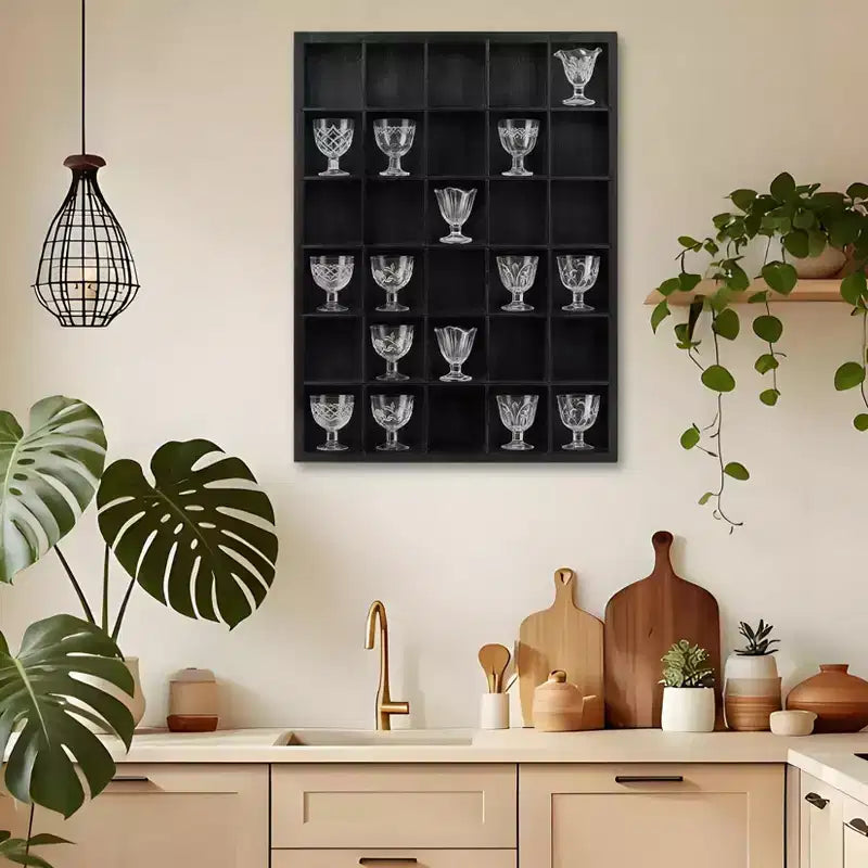 2 vitrines à verres à shot, étagère en bois noir avec étagères amovibles, vitrine murale pour dés à coudre, 30 emplacements