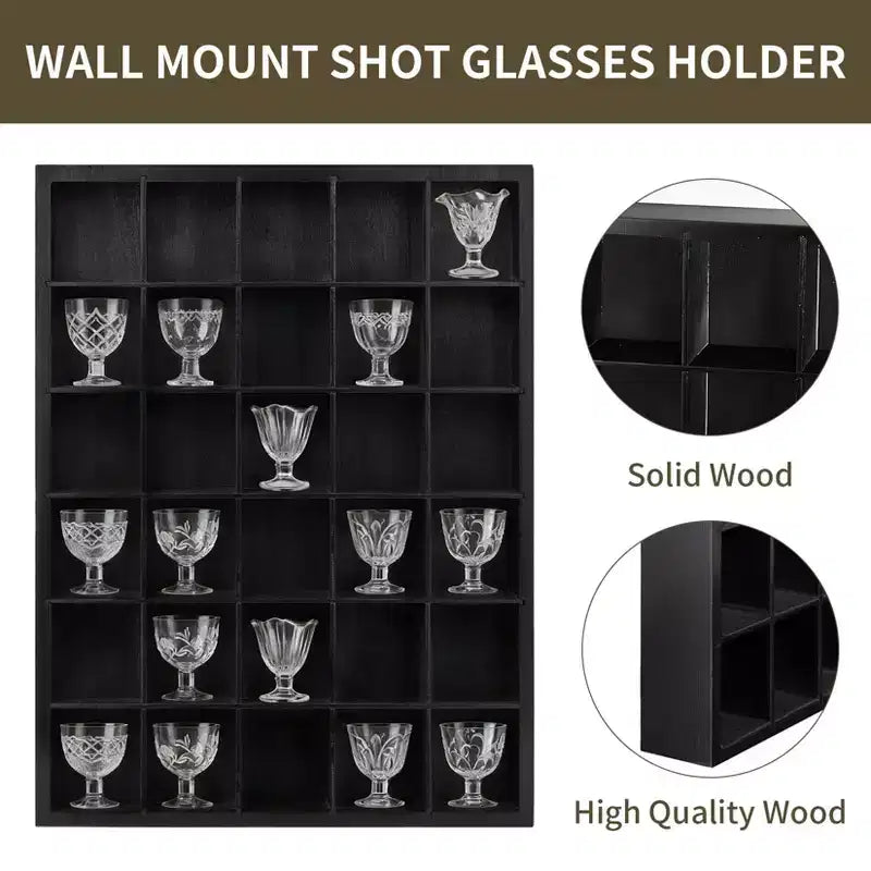 2 vitrines à verres à shot, étagère en bois noir avec étagères amovibles, vitrine murale pour dés à coudre, 30 emplacements