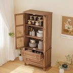 COZONY Armoire de cuisine haute 163 cm avec portes en rotin, meuble de rangement avec 2 tiroirs et étagères réglables