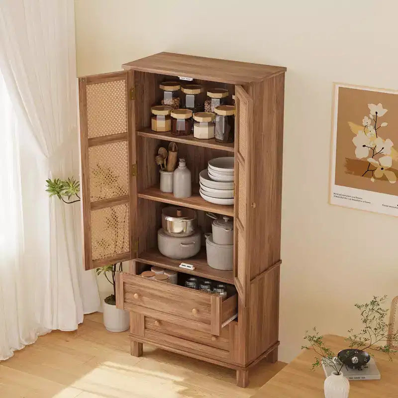 COZONY Armoire de cuisine haute 163 cm avec portes en rotin, meuble de rangement avec 2 tiroirs et étagères réglables
