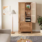 COZONY Armoire de cuisine haute 163 cm avec portes en rotin, meuble de rangement avec 2 tiroirs et étagères réglables