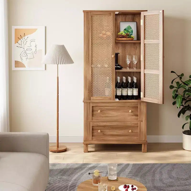 COZONY Armoire de cuisine haute 163 cm avec portes en rotin, meuble de rangement avec 2 tiroirs et étagères réglables