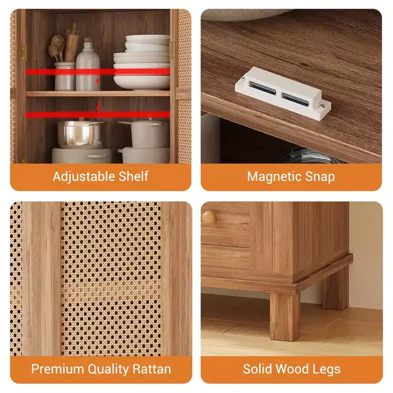 COZONY Armoire de cuisine haute 163 cm avec portes en rotin, meuble de rangement avec 2 tiroirs et étagères réglables