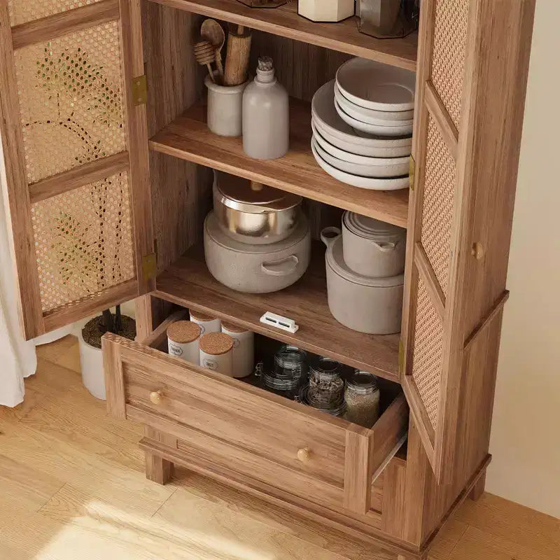 COZONY Armoire de cuisine haute 163 cm avec portes en rotin, meuble de rangement avec 2 tiroirs et étagères réglables
