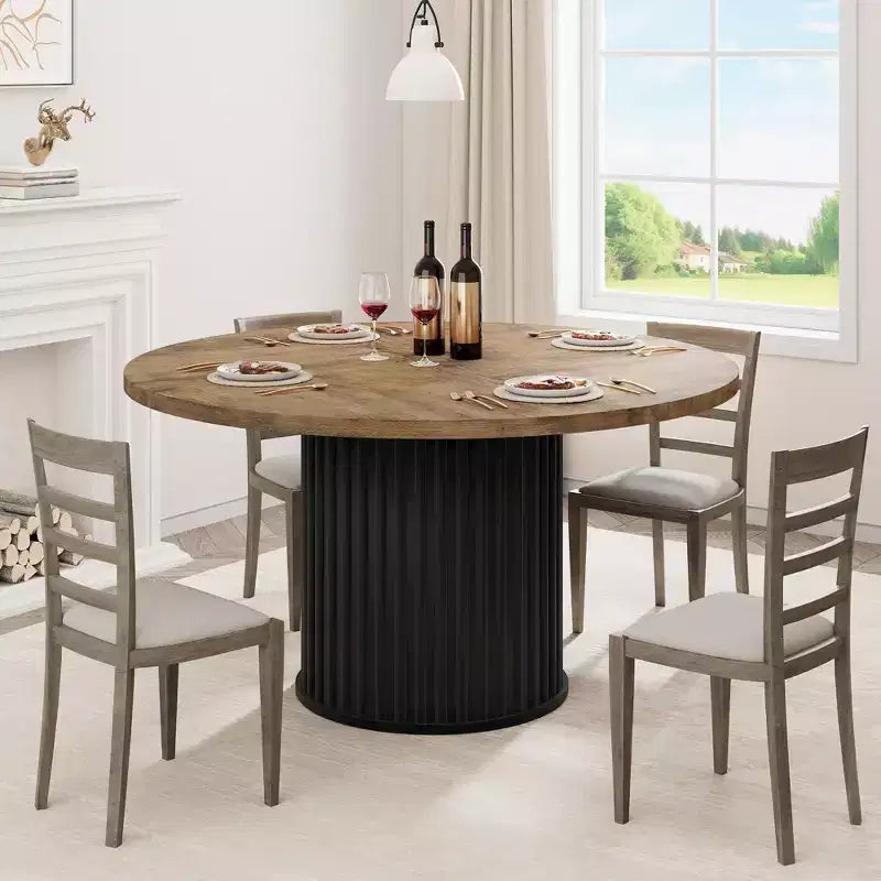 COZONY Table à manger ronde 47 pour 4-6 personnes, Table de cuisine circulaire de style rustique avec pied en métal ondulé