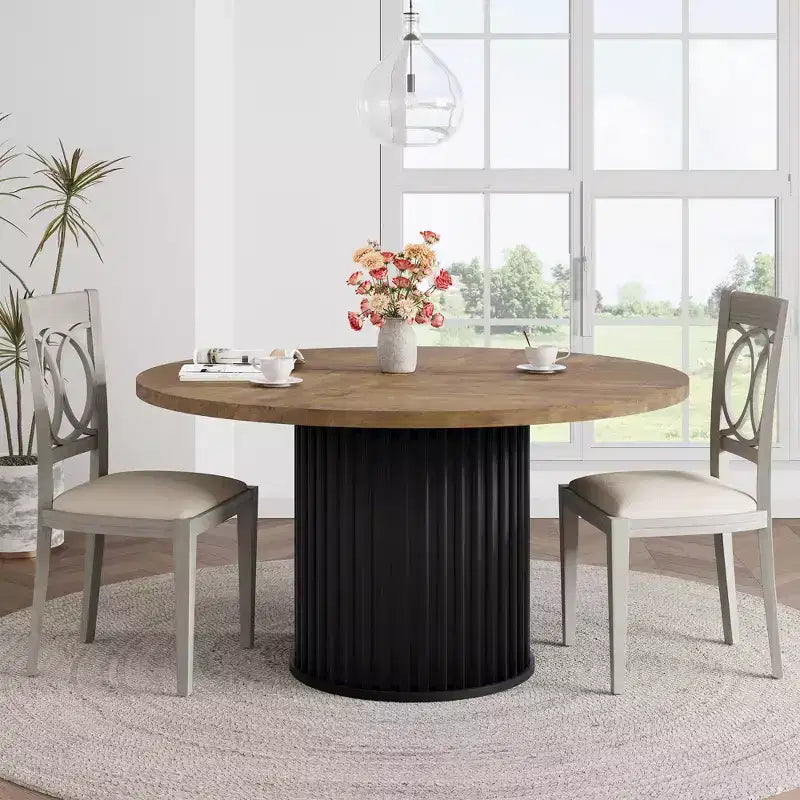 COZONY Table à manger ronde 47 pour 4-6 personnes, Table de cuisine circulaire de style rustique avec pied en métal ondulé