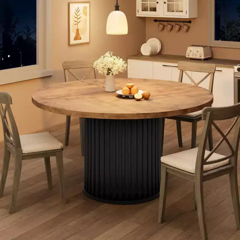 COZONY Table à manger ronde 47 pour 4-6 personnes, Table de cuisine circulaire de style rustique avec pied en métal ondulé